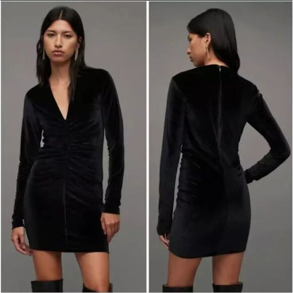 ALL SAINTS black long sleeve velvet mini dress Size 4 - Picture 3 of 14
